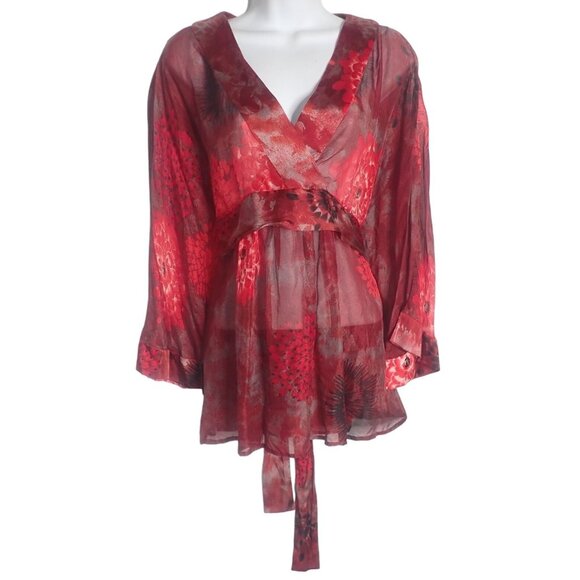 Harari Silk Blouse Women L Red Floral Sheer Ruffle Long Sleeve Asian‎ Inspired - Picture 1 of 7